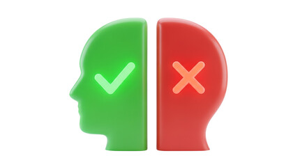 Obraz premium Human Head Split for Correct Incorrect Decision Symbol on transparent background