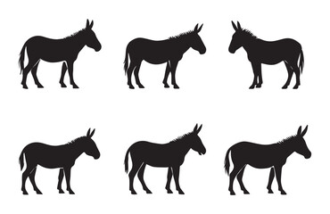Six black donkey silhouettes on white background animal