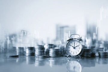 Blurred cityscape, stacks of coins, vintage alarm clock