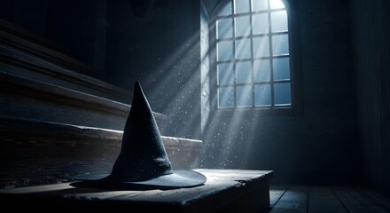 Fototapeta premium A wizard's hat rests on a wooden step, bathed in ethereal light streaming through a window. Magic.