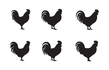 Six black rooster silhouettes on white background chicken