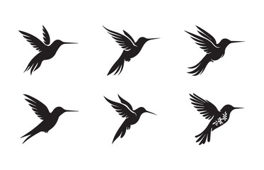 Six black hummingbird silhouettes in flight on white background flying wings