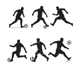 Six black silhouette soccer players in action with soccer balls football