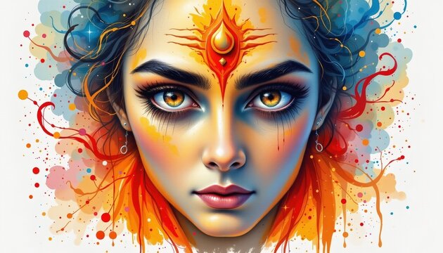 watercolor painting of tilak on forehead from overhead divine view with spiritual essence, indian sacred literary theme, white background, no text, no logo, no font, no signature