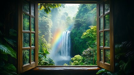 Rainforest waterfall view from window
