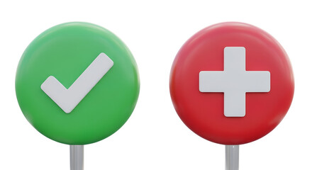 Fototapeta premium Green Checkmark and Red Plus 3D Rendered Icons on White on transparent background