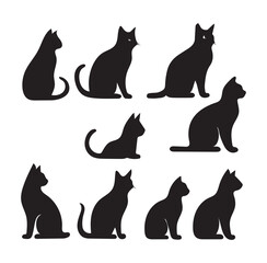Collection of black cat silhouettes in various sitting poses animal 1