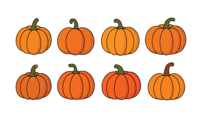 Eight orange pumpkins with green stems on white background autumn fall