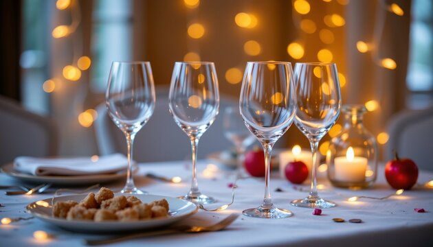 new year's table setup with empty wine glasses and fairy lights, no people, no text, no logo