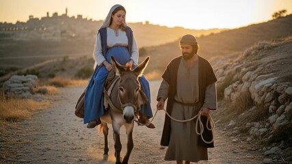 A pregnant virgin mary rides a donkey while joseph leads her on the long journey to bethlehem in a depiction of the biblical christmas nativity story