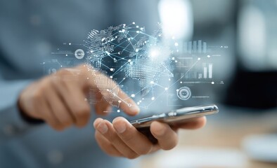 Person interacting with a smartphone displaying a global network of data visualization