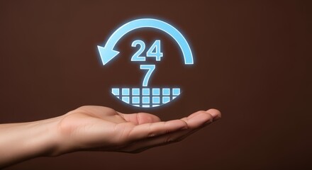 Twenty Four Seven Service Icon Above Open Hand Representing Support and Availability