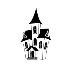 Naklejka premium Clean and simple outline of a spooky haunted house with crooked windows and a pointed roof