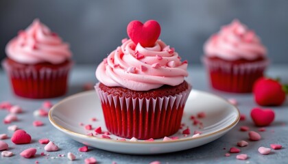 red velvet cupcake with pink icing, valentine's, no people, no text, no logo