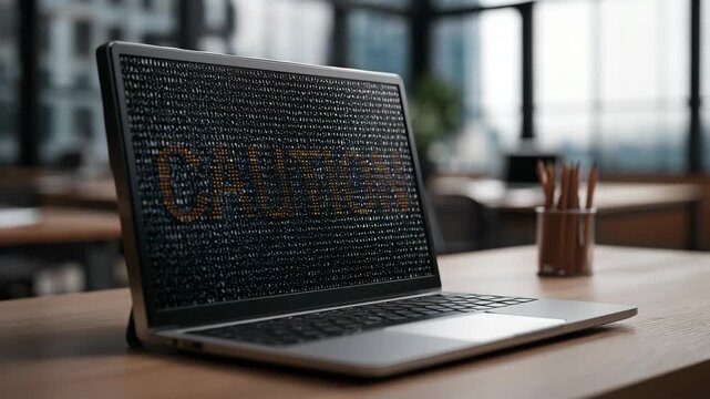 Laptop screen displays a bright "CAUTION" message, signaling potential risks or warnings. Stay alert and informed to mitigate potential hazards and ensure safety.