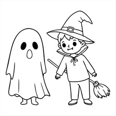 Clean outline drawing of a Kids in Halloween costumes