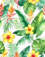 Tropical floral pattern with vibrant leaves and blossoms