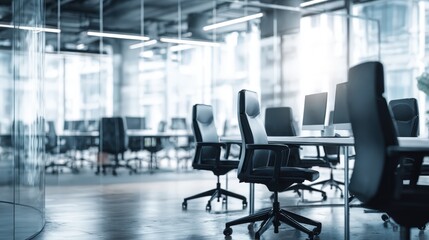 Modern Office Interior with Desks, Chairs, and Computer Monitors in a Contemporary Workspace Environment