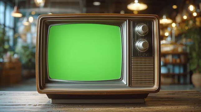 Vintage retro wooden television set with knobs and speaker grill, green chroma key screen, front-facing view, isolated on transparent background, nostalgic old-school 3D render for design use.

