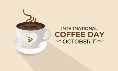 Illustration of a coffee cup with foam forming a world map. Steaming cup of black coffee surrounded by roasted coffee beans and cinnamon sticks. Banner poster, social media Coffee Day October 1,vector