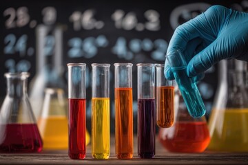Colorful test tubes with liquids, held by gloved hand, against a chalkboard background of formulas