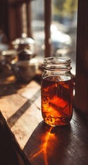 Tea in a mason jar, sunlight on wooden sill