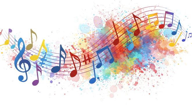 A vibrant musical composition, featuring colorful notes and a dynamic paint splash background.