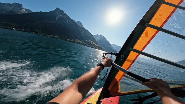 A first-person view of an exhilarating windsurfing ride on a beautiful mountain lake on a sunny day showcasing an active and adventurous summer water sport