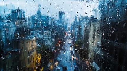 Rainy cityscape through window