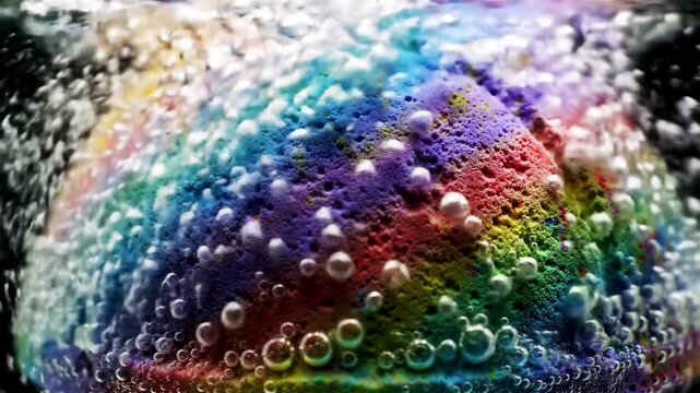 Rainbow bath bomb dissolving in bubbly water, bright colors swirl and blend. Bath bomb releases hues, creates fizzy reaction, and water transforms into a colorful canvas.