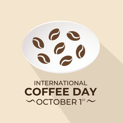 Illustration of a coffee cup with foam forming a world map. Steaming cup of black coffee surrounded by roasted coffee beans and cinnamon sticks. Banner poster, social media Coffee Day October 1,vector