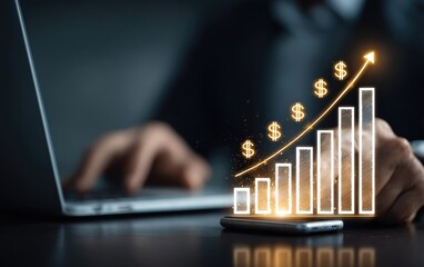 Businessperson using laptop and phone, financial growth graphic overlaid
