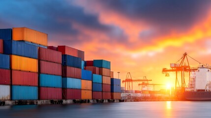 Fototapeta premium Shipping port at sunrise with stacks of colorful containers, cranes and global trade connections.
