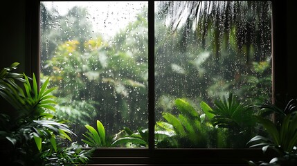 Rainy day garden view through window