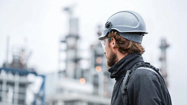 Worker in safety gear at industrial plant. Protective glasses and hard hat in place. Focused on safety and quality in his industry role.