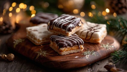 Festive chocolate-covered cookies on a wooden board. Christmas-themed dessert display