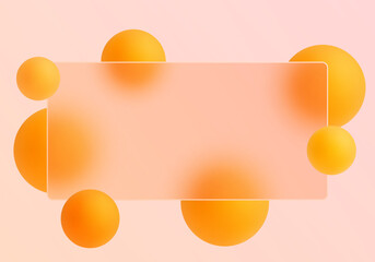 A horizontal banner made of peach glass surrounded by smooth golden orange 3D spheres on a soft pastel background.