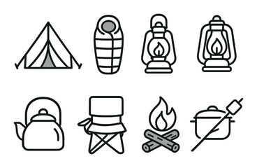 Camping gear icons: tent, sleeping bag, lantern, kettle, chair, campfire