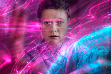 Engineer with AR glasses composing data stream in futuristic interface