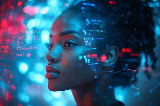 AI cybersecurity threat, featuring a female African American IT specialist analysing futuristic holographic visual data. This concept showcases the integration of AI in cybersecurity, Generative AI