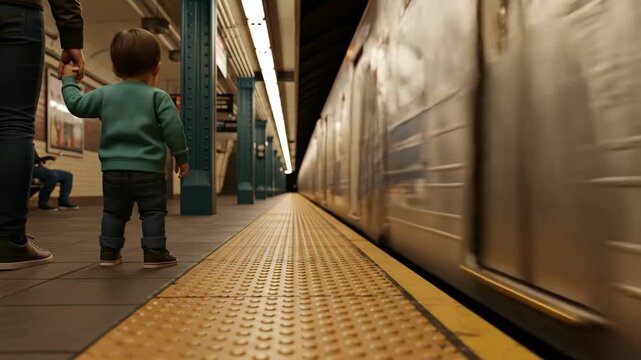 A small child holds their parent's hand on a subway platform and watches with wonder as a train arrives at the station in a big city