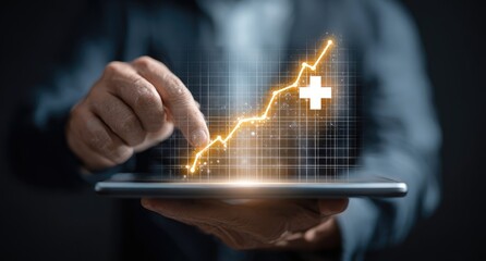 Person holding tablet with glowing upward trending graph and plus sign