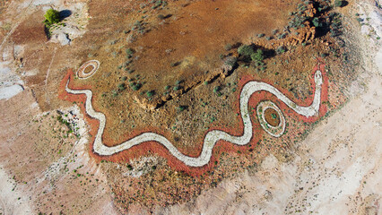 Betoota, Australia - 10 June 2025 : Drone shot of the Dreamtime Serpent Birdsville