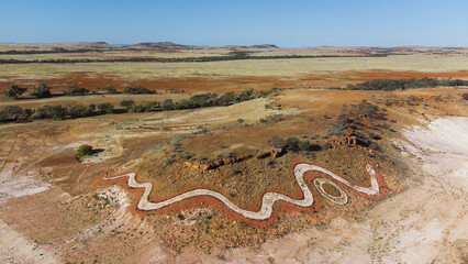 Betoota, Australia - 10 June 2025 : Drone shot of the Dreamtime Serpent Birdsville