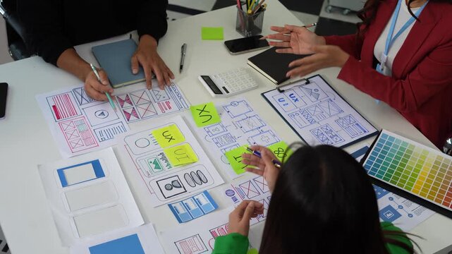 UX developer and ui designer brainstorming about mobile app interface wireframe design with customer breif and color code at office.