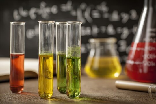 Colorful test tubes with liquids, on a wooden table in front of a chalkboard with equations