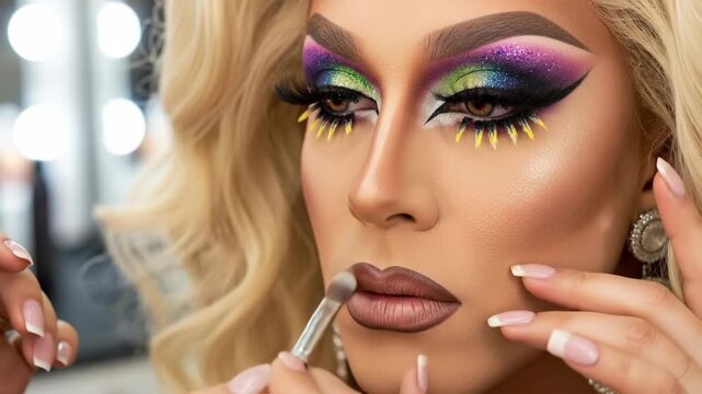 A makeup artist applies lipstick to a beautiful drag queen with vibrant and colorful eyeshadow and dramatic false eyelashes for a fabulous stage performance