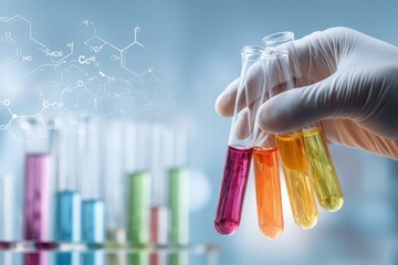 Hand in lab gloves holds test tubes with colored liquids; background shows more test tubes and chemical formulas