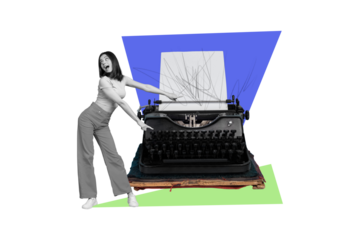 Collage picture of funky cheerful girl dancing finger pointing huge vintage typewriter isolated on drawing background