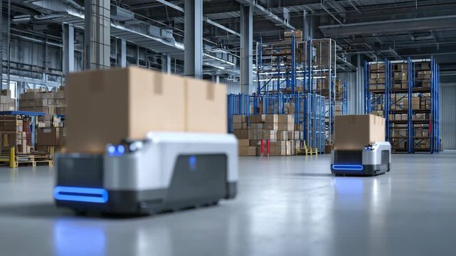 Automated guided vehicles carrying boxes in a large warehouse, streamlining logistics and improving efficiency. Smart robots are moving in line.